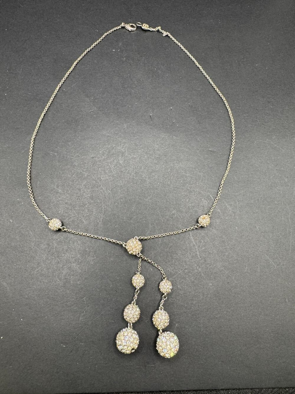Vintage Monet Signed Silver Tone Pave Crystal Ball Drop Pendant Chain Necklace